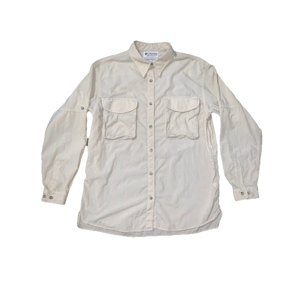 VTG Columbia Fishing Shirt Womens L Beige Long Sleeve Button Up Vented Hiking